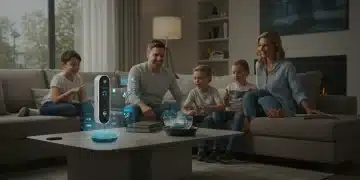 Family in futuristic smart home using advanced voice control with AI assistant