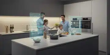 Futuristic smart kitchen with integrated appliances and holographic display