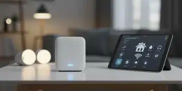 Modern smart home hub on table with smart lights and tablet