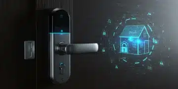 Modern smart lock with digital keypad on a dark wooden door, emphasizing premium home security.
