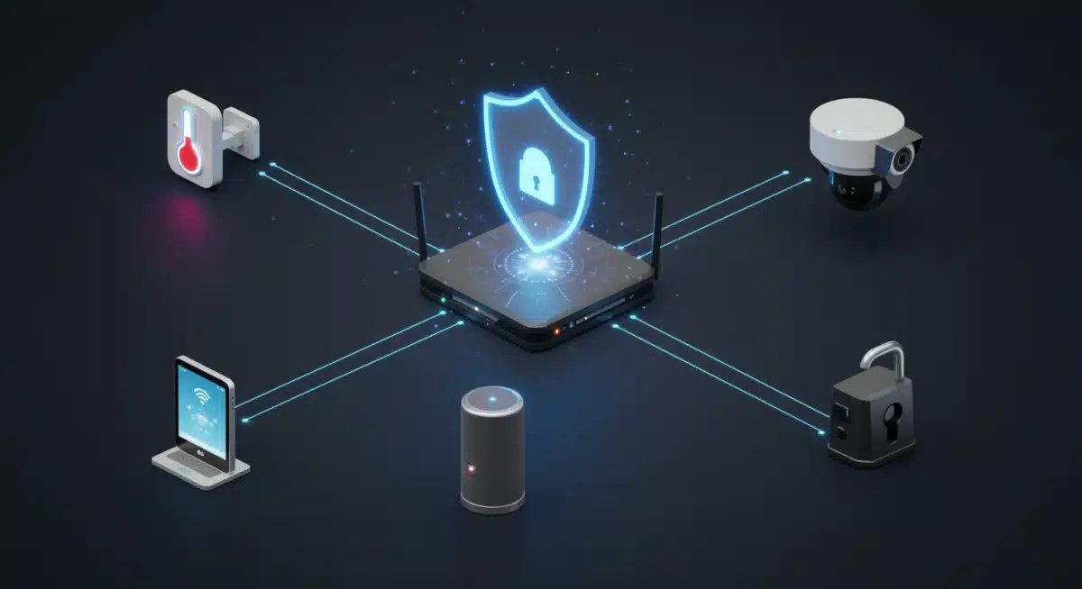 Smart home devices connected to a secure network with a protective shield.