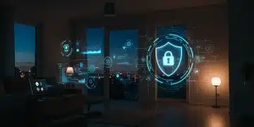 Smart home living room with glowing security interfaces and a digital shield overlay, representing advanced cyber-physical protection.