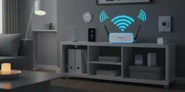 Modern living room with smart devices and an optimally placed Wi-Fi router