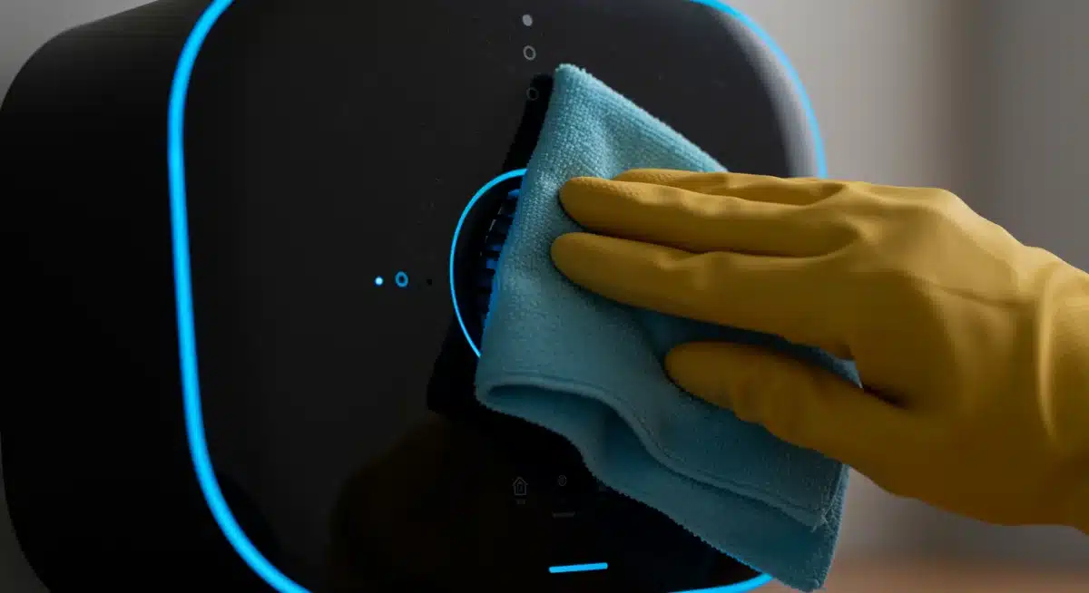 Person cleaning a smart home hub's vents meticulously