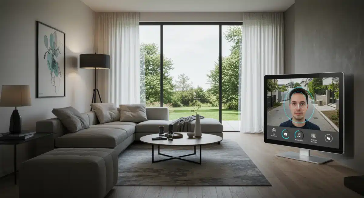 Smart home display showing facial recognition security camera feed in a living room