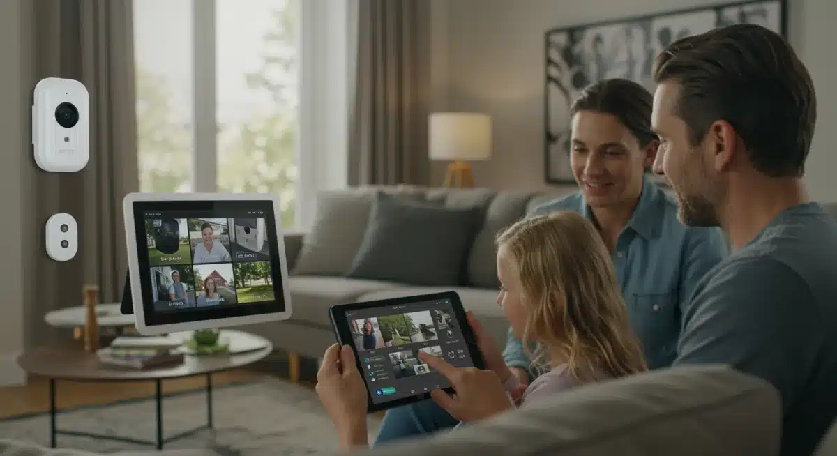 Family reviewing smart home security feeds on a tablet