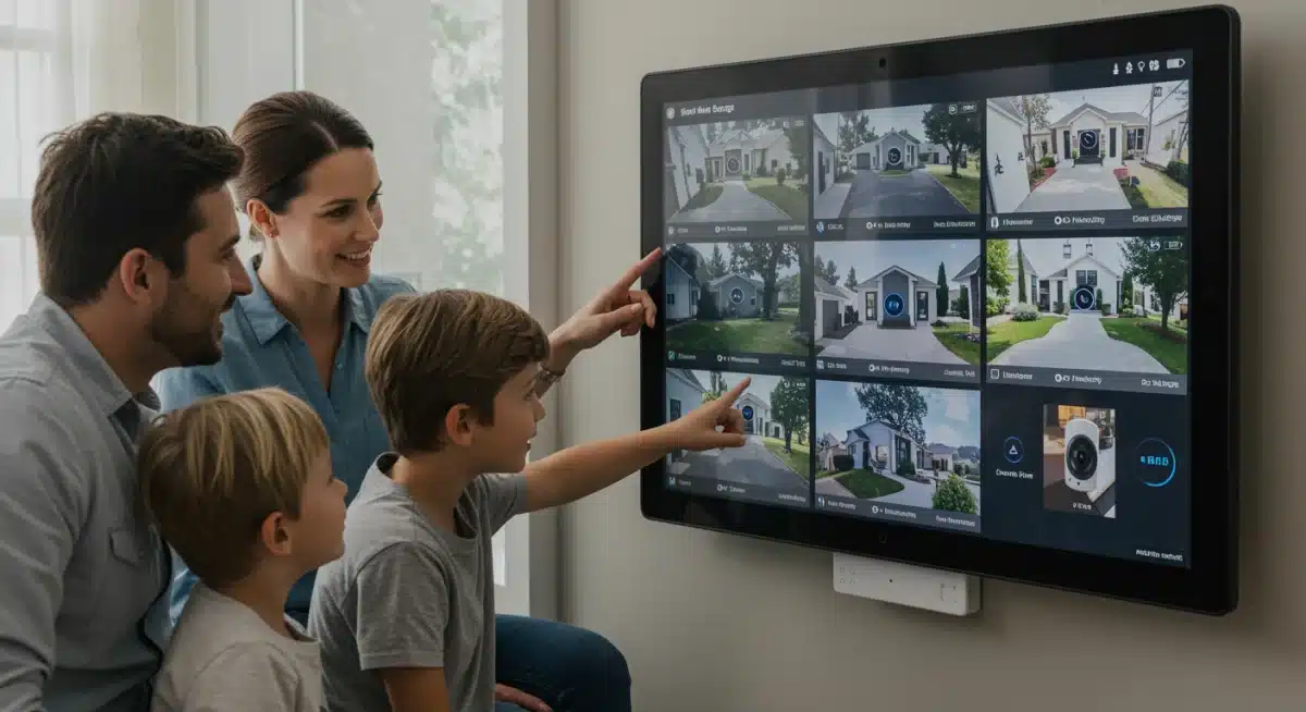 Family interacting with smart home security display showing camera feeds