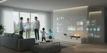 Futuristic smart home interior with AI interfaces and adaptable lighting