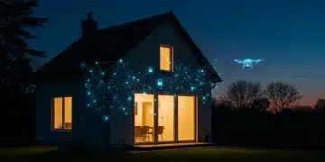 Futuristic smart home with AI network patterns and surveillance drone, representing advanced security threats.