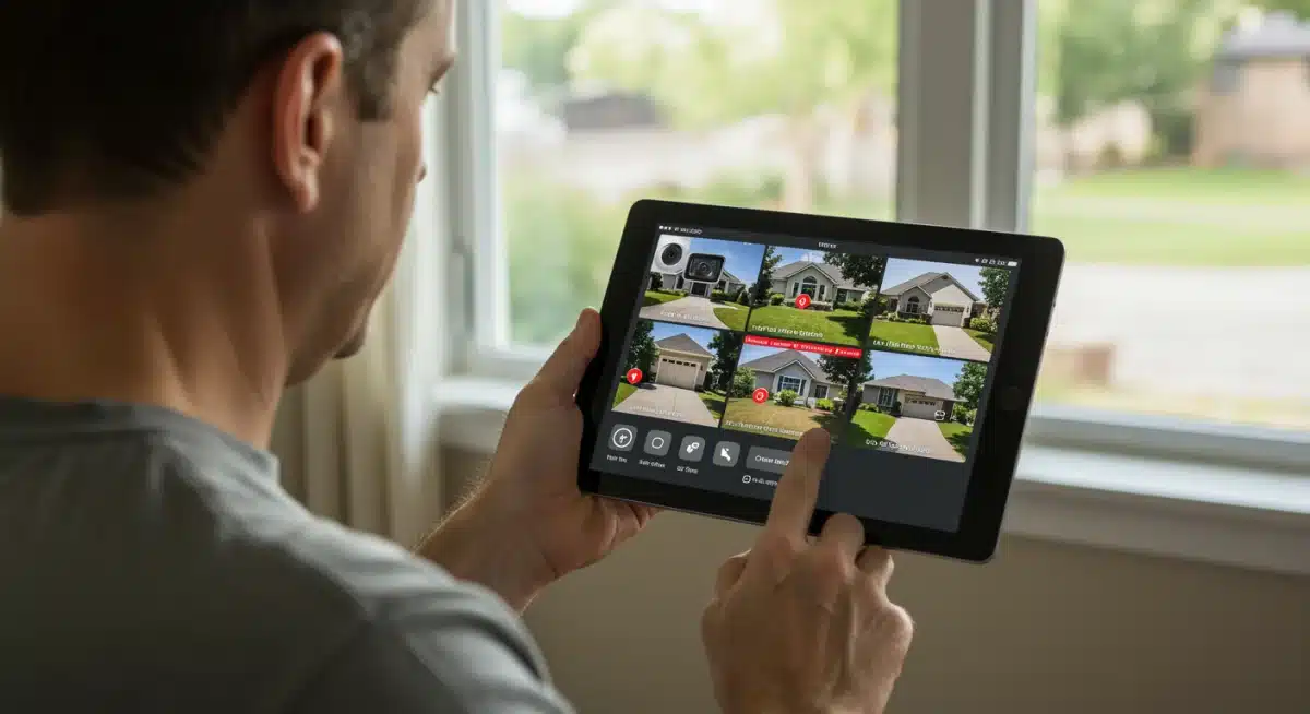 Homeowner monitoring multiple smart security camera feeds on a tablet