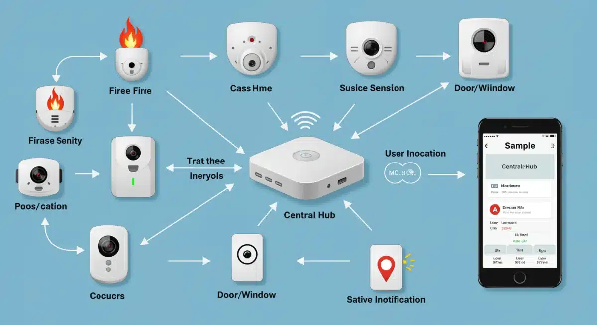 Diagram showing interconnected smart home security sensors and central hub.