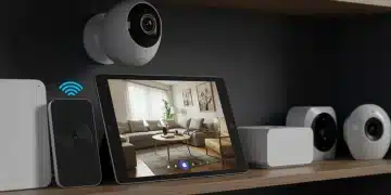 Modern smart home camera system displaying live feed on tablet, secure home