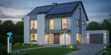 Modern sustainable smart home with solar panels and smart lighting in the U.S.