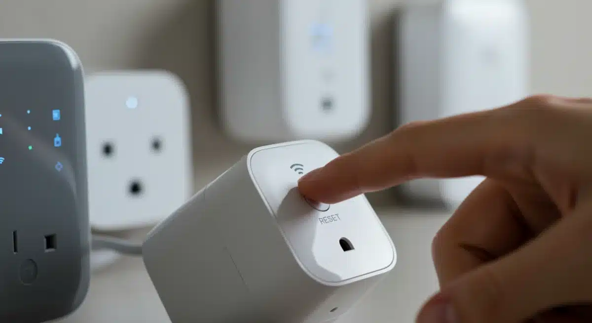 Hand pressing reset button on a modern smart plug to resolve connectivity issues.