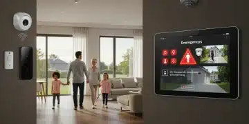 Family evacuating smart home during simulated emergency, with smart devices displaying alerts.