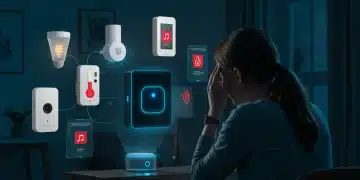 Frustrated user troubleshooting smart home hub with error messages on futuristic display, surrounded by smart devices.