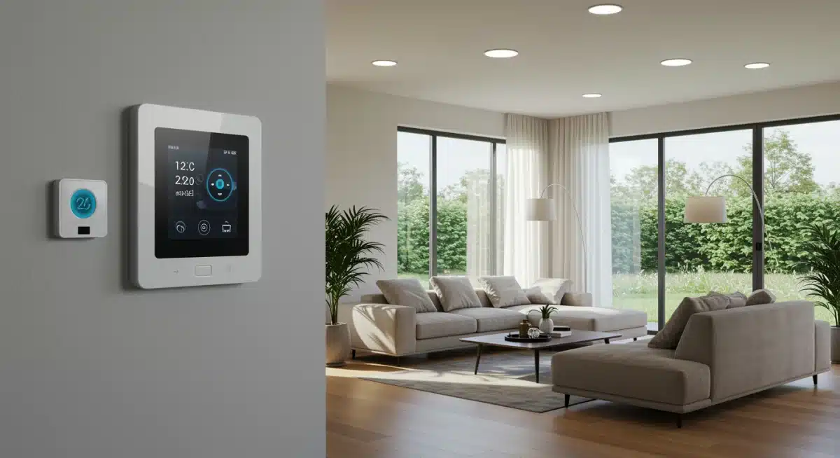 Smart home interior with thermostat, integrated lighting, and natural light.