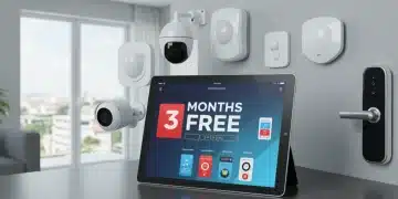 Smart home security system with 3 months free offer on a digital display