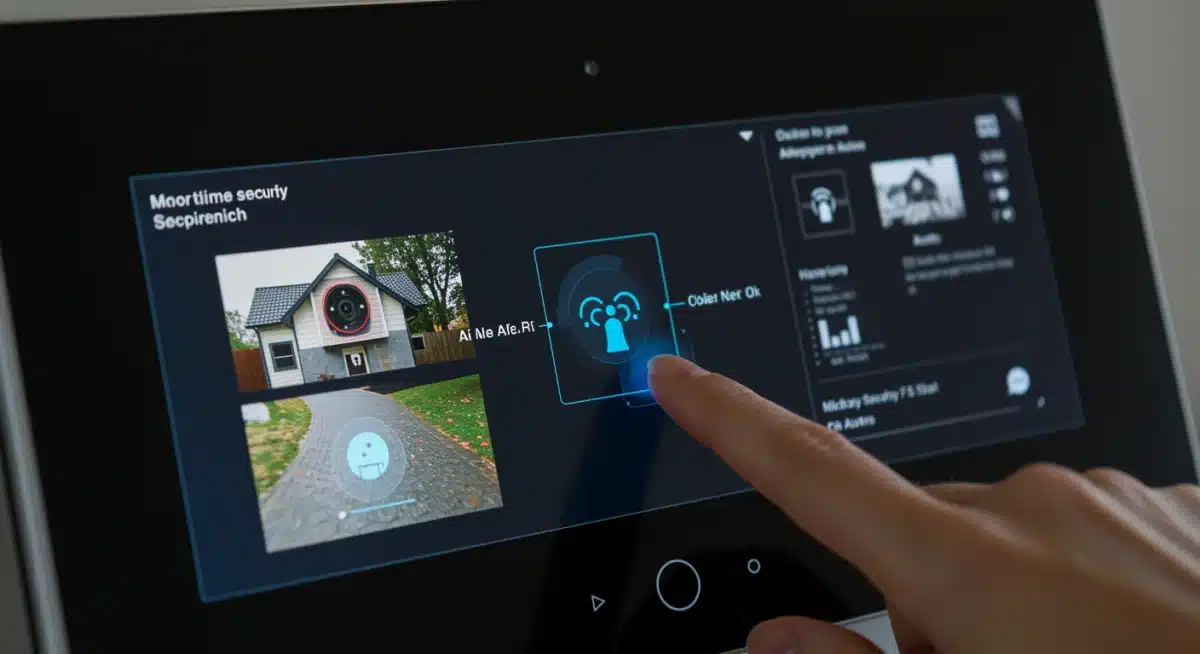 Smart home security panel with AI threat detection and live camera feed.