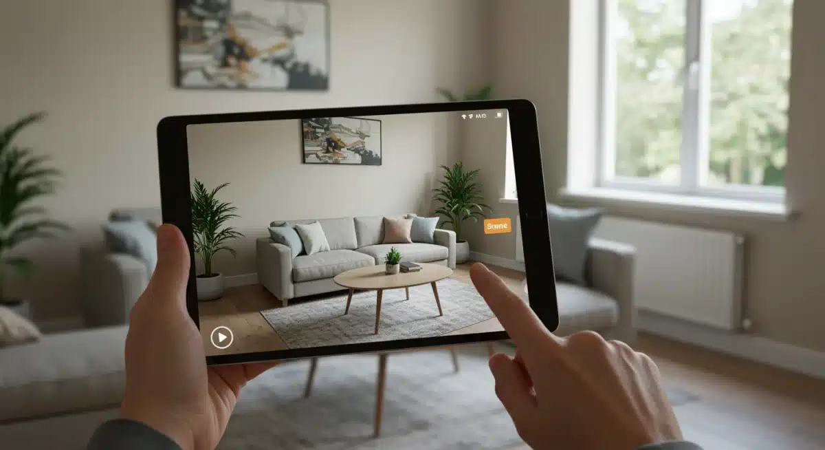 Homeowner uses AR app on tablet to virtually place a sofa in their living room.