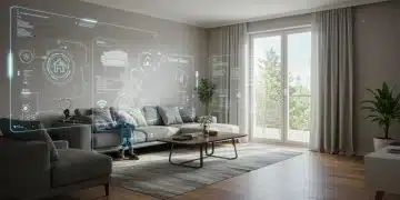 Futuristic living room with augmented reality overlays displaying virtual furniture and smart home controls.