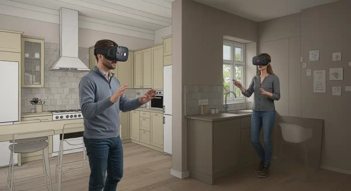Interior designer and client using AR headsets to visualize a kitchen renovation.
