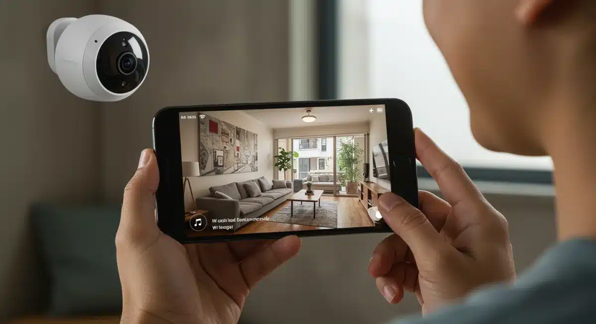 Person checking live home security footage on smartphone app