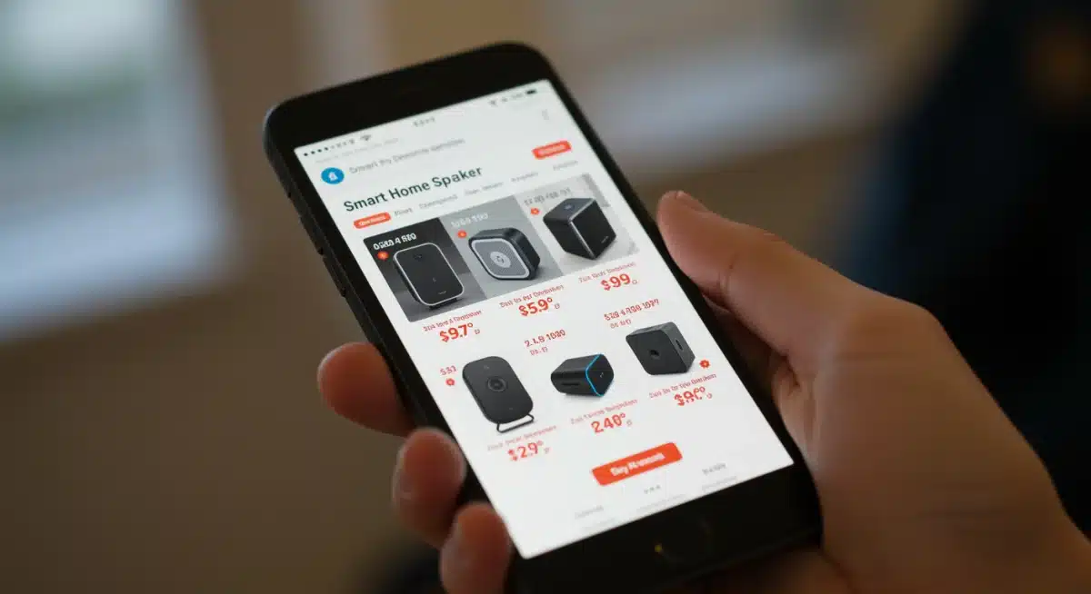Person comparing smart home speaker deals on a smartphone.