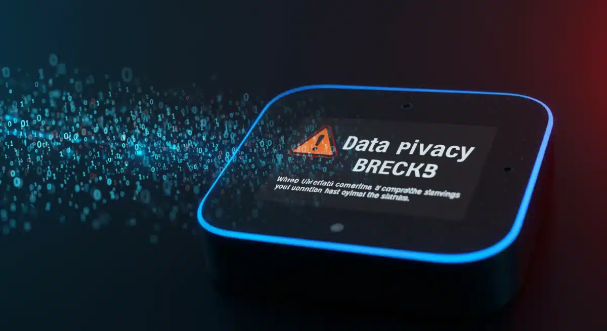 Smart home hub showing data breach warning, emphasizing privacy compromise