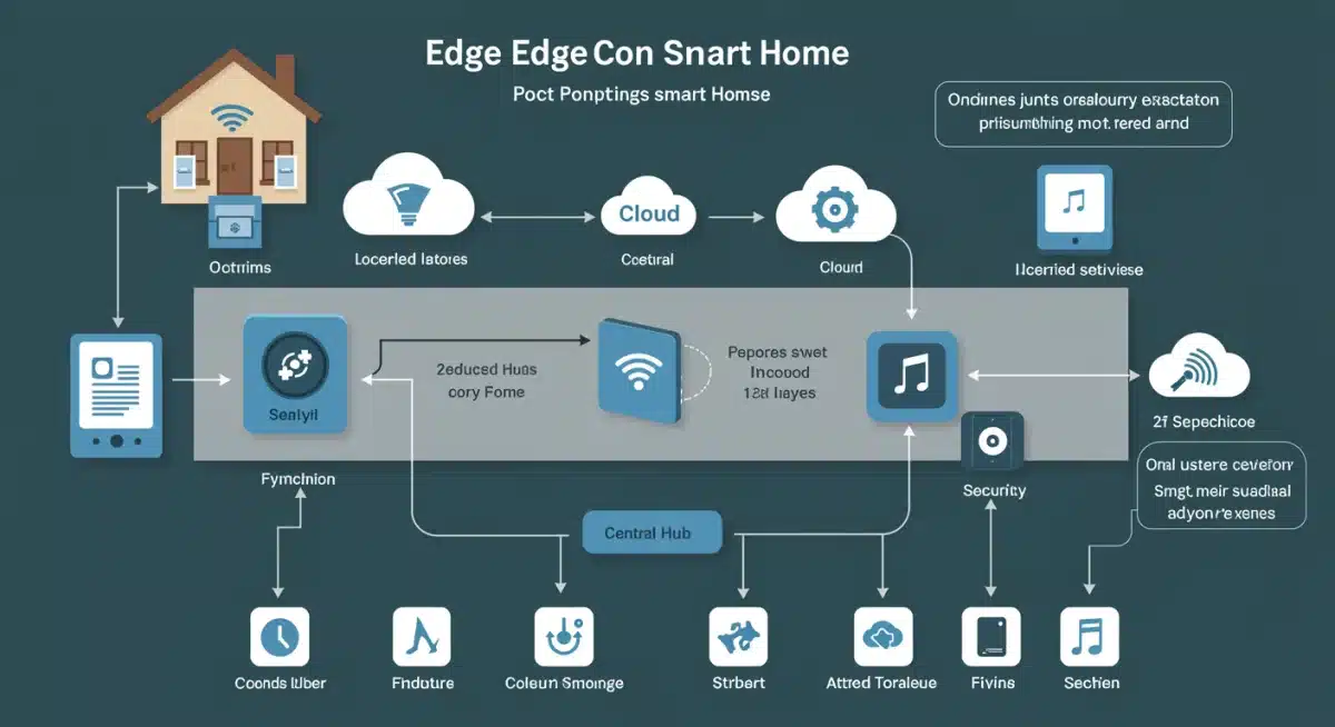 Infographic showing data flow in an edge computing smart home, emphasizing local processing and security benefits.