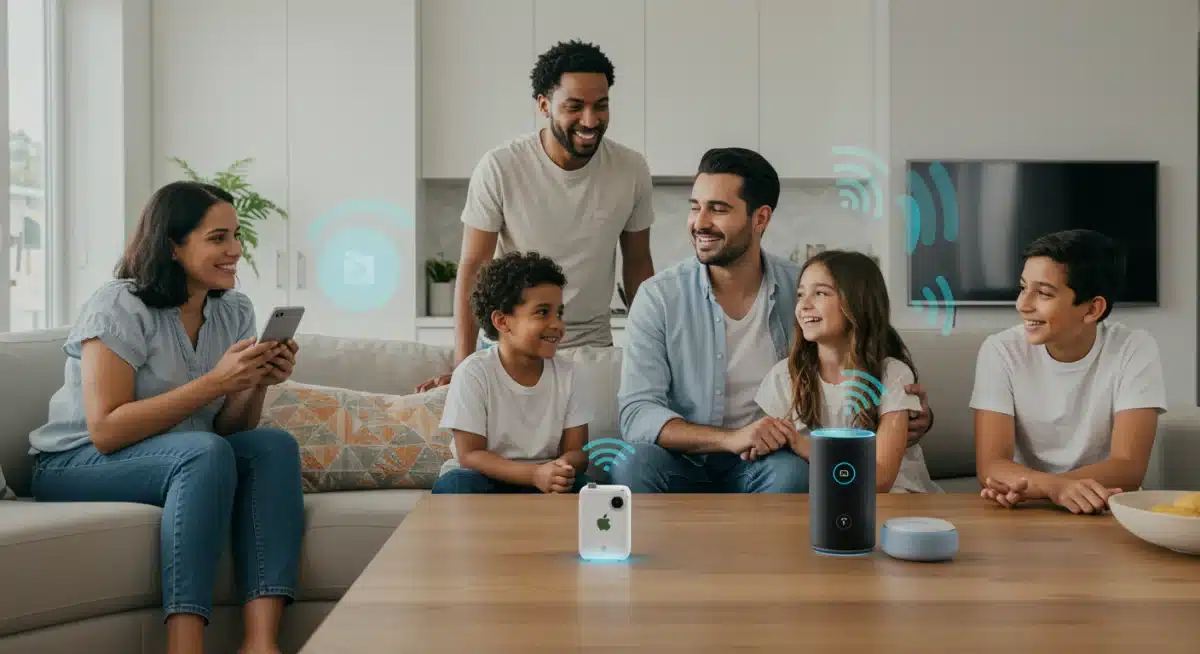 Family interacting with voice assistants in a comfortable smart home environment