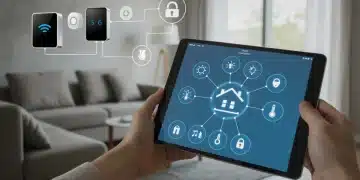 Futuristic smart home living room with integrated devices and a central control tablet