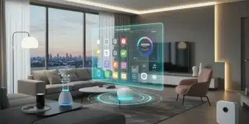 Futuristic smart home living room with integrated Apple, Google, and Amazon interfaces