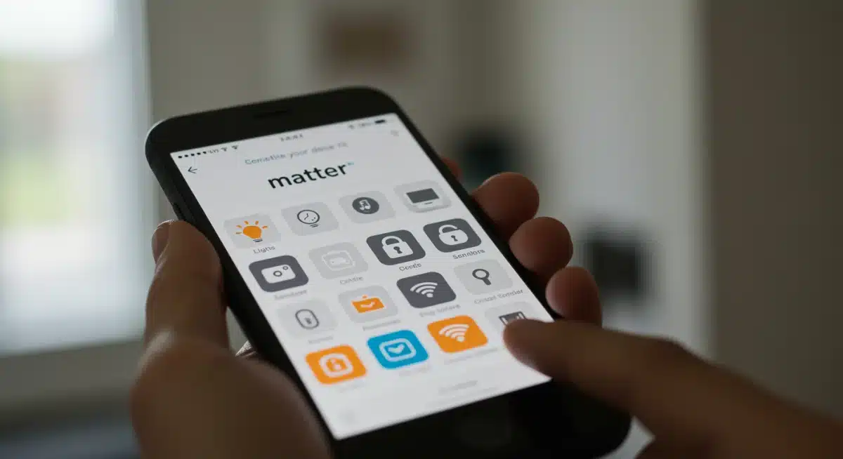 Smartphone displaying Matter smart home app interface connecting various devices