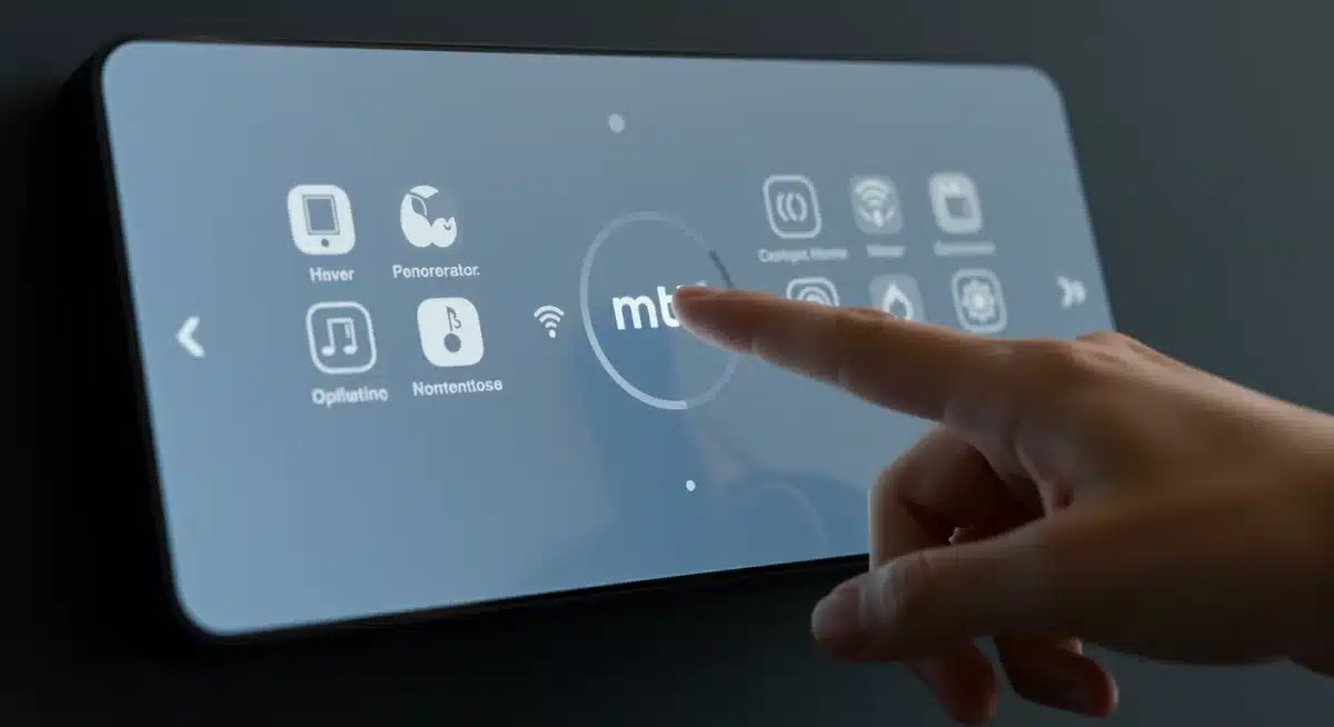 Hand interacting with universal smart home control panel showing Matter logo