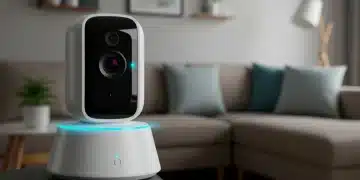Modern smart home security camera on a shelf, actively monitoring a living room