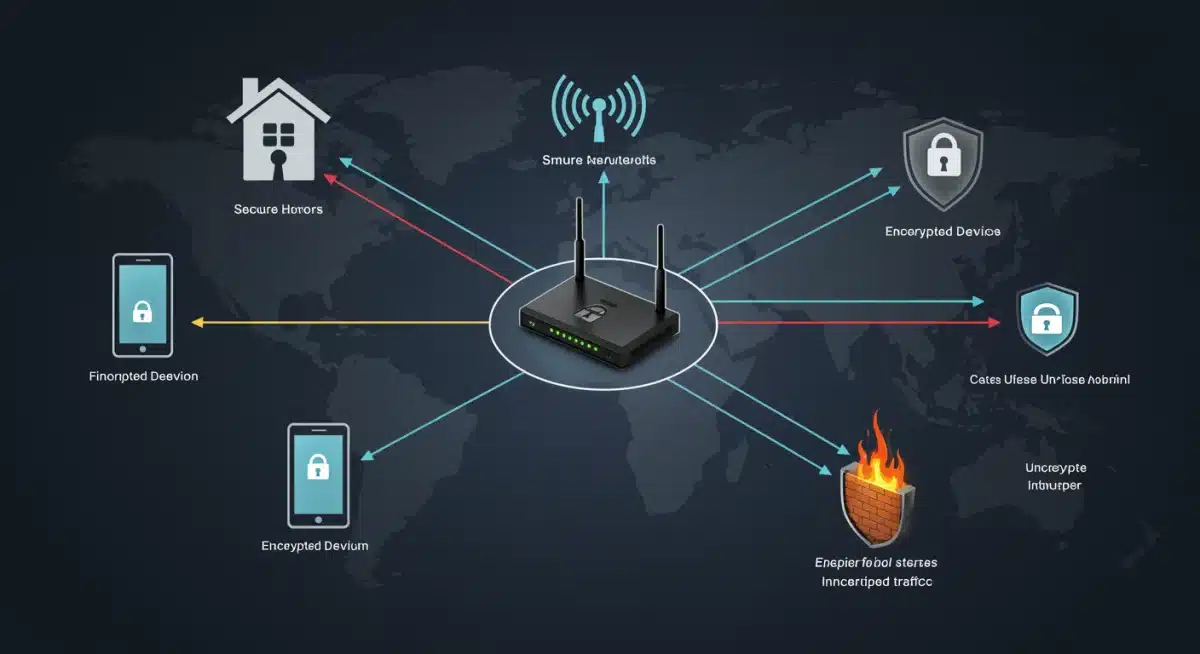 Diagram of a secure smart home network with firewall protection