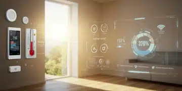 Modern smart home interior showcasing energy-saving devices and digital energy readings.