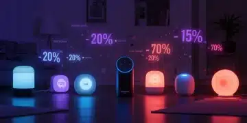 Futuristic living room with smart speakers displaying discount tags for 2026 deals.