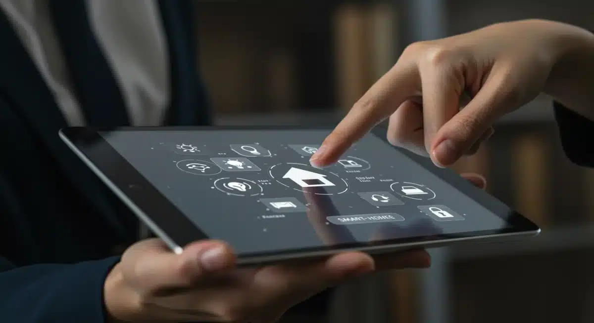 User controlling smart home devices via tablet interface