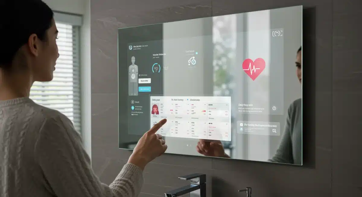 Smart mirror displaying health metrics and personalized wellness insights in a modern bathroom setting.