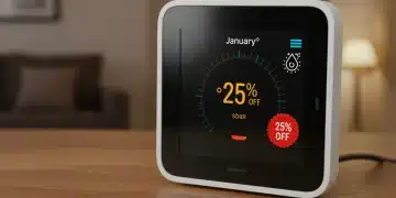 Modern smart thermostat showing 25% off for January 2026
