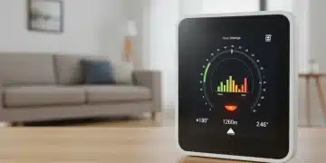 Modern smart thermostat displaying energy savings data in a contemporary home setting