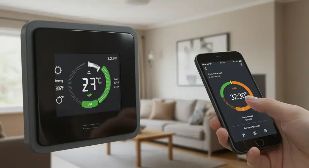 Smart thermostat display with smartphone control for optimized energy management.