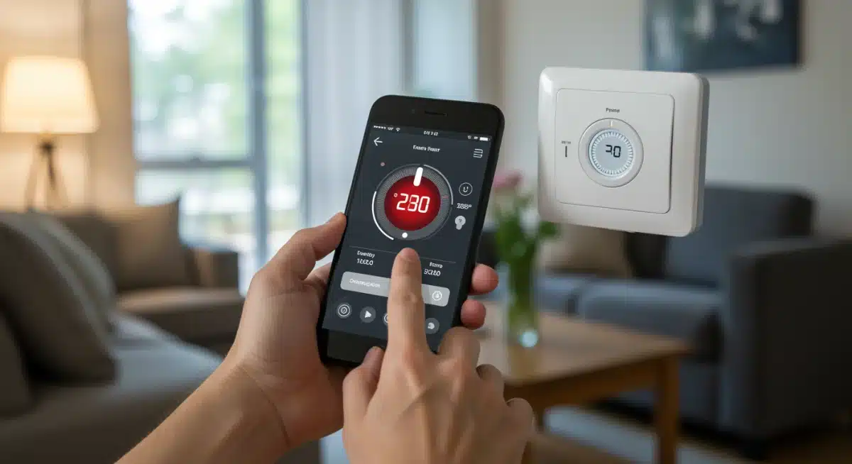Person using smartphone app to control smart thermostat and monitor home energy