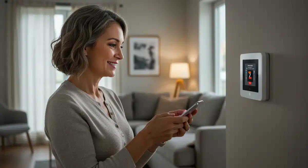 Person controlling smart thermostat with smartphone app
