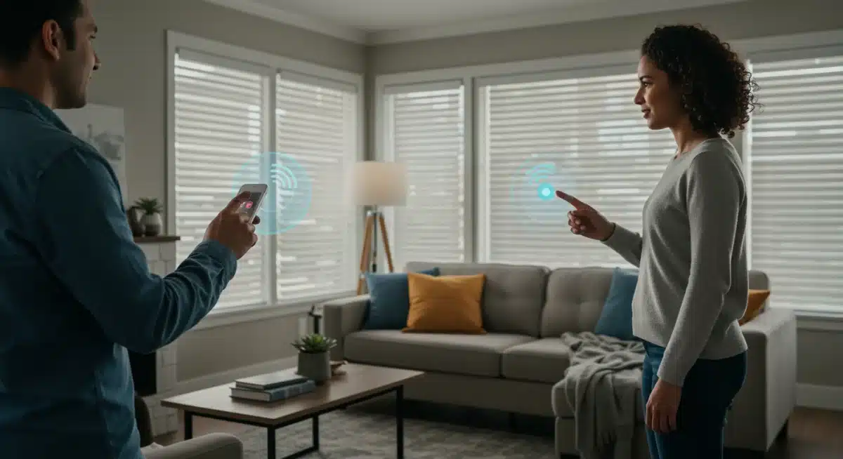 Voice-controlled smart home automation for lighting and blinds, enhancing energy efficiency.