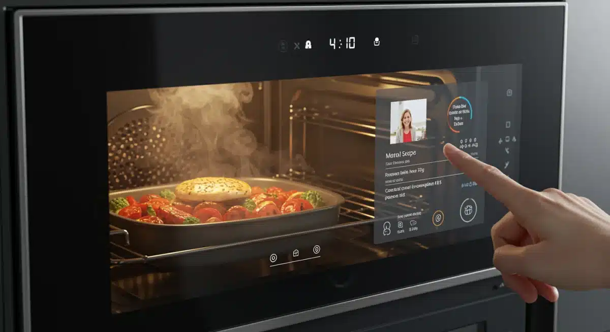 AI-powered smart oven with touch screen displaying cooking progress and personalized recipes.