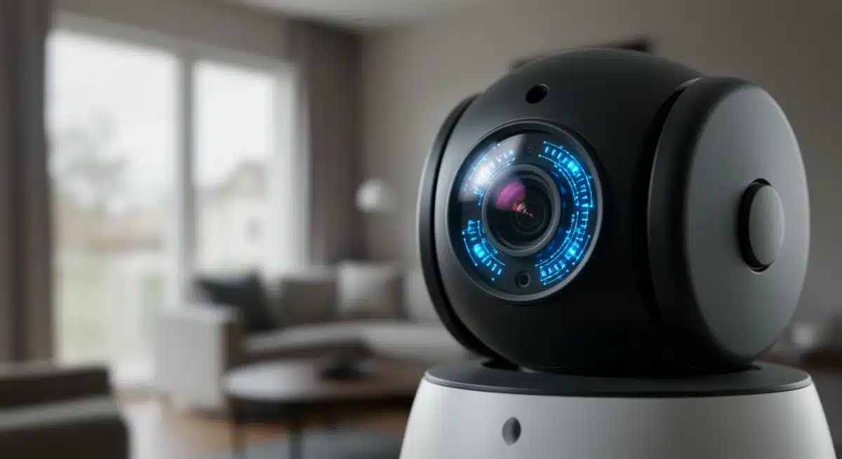 Close-up of a smart security camera with an AI-powered glowing lens in a modern living room setting.