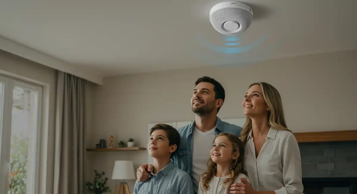 Happy family in living room looking at a smart smoke detector, symbolizing home safety and peace of mind.